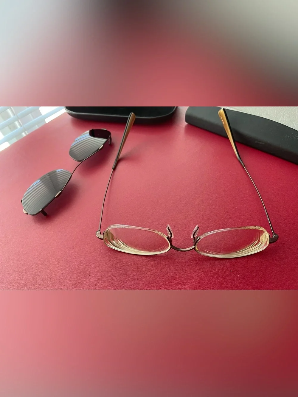 Oliver Peoples Gold Frame Prescription Glasses with Amber Temples &Dark Clip-On
